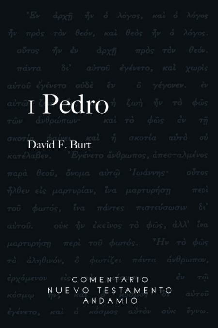 Portada del libro 'I Pedro' con texto en griego de fondo y los títulos destacados en blanco sobre fondo negro, incluyendo las palabras 'Comentario Nuevo Testamento Andamio'.