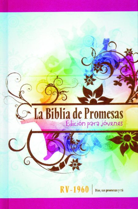 Portada de La Biblia de Promesas Edición para jóvenes con un diseño colorido que incorpora elementos florales y abstractos en una mezcla de colores pastel. Texto destaca en el centro con los subtítulos RV-1960 y Dios, sus promesas y tú.