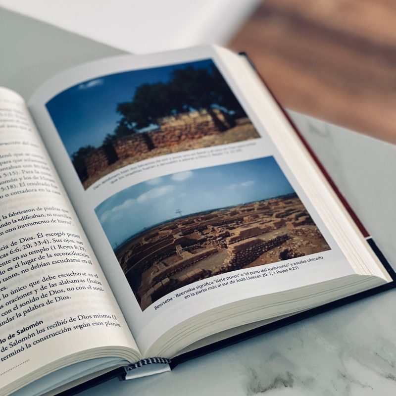 Un libro abierto sobre una mesa, mostrando fotografías e información sobre antiguas ruinas arqueológicas.