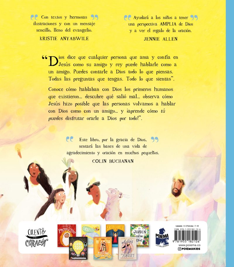 Imagen publicitaria de un libro con citas inspiradoras y una ilustración de un grupo de niños felices y personajes animales en una paleta de colores suaves, rodeados por citas de alabanza de diferentes autores.