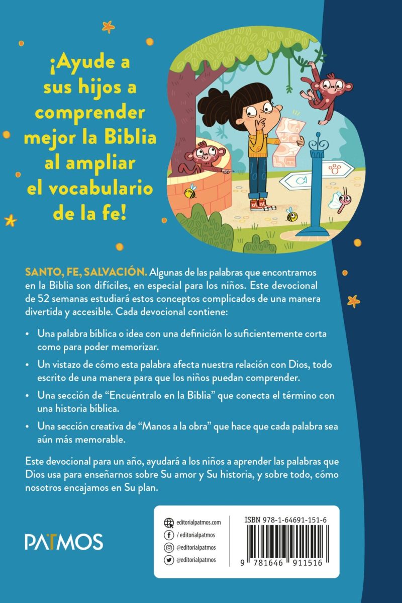 Portada colorida de un libro didáctico con dibujos animados de una niña pensativa y monos juguetones, destacando títulos y bullet points sobre aprender vocabulario de la Biblia para niños.