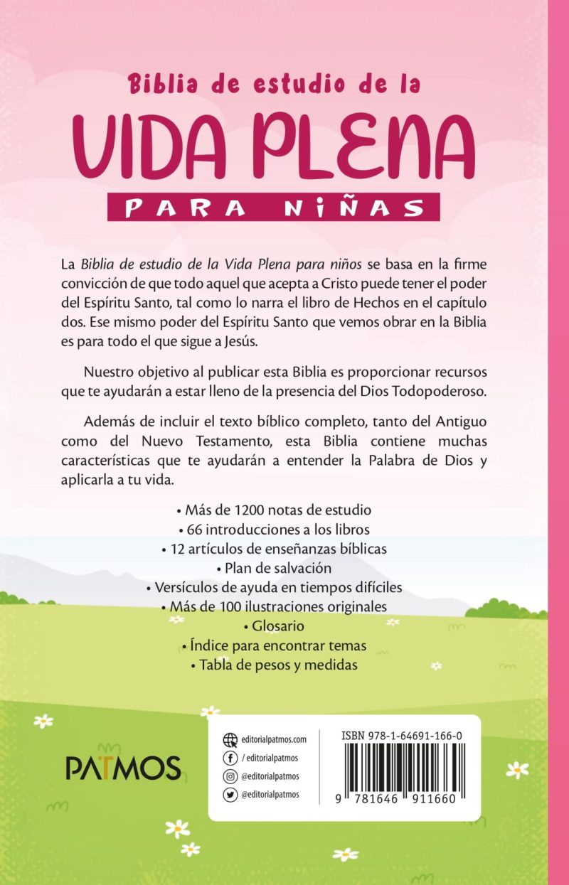 Imagen de la cubierta de laBiblia de estudio de la Vida Plena para niñas, con fondo rosa y detalles florales verdes en la parte inferior. Incluye texto descriptivo sobre las características y contenidos de la biblia, y los logos de las redes sociales de la editorial Patmos en la parte inferior junto con el código ISBN.