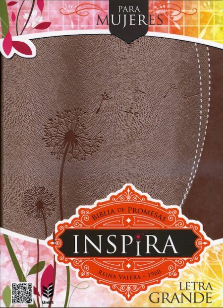Portada de una Biblia denominada 'Inspira' para mujeres, versión Reina Valera 1960, con letra grande.  un diseño colorido con flores, una diente de león y varios tonos de marrón y rosado.