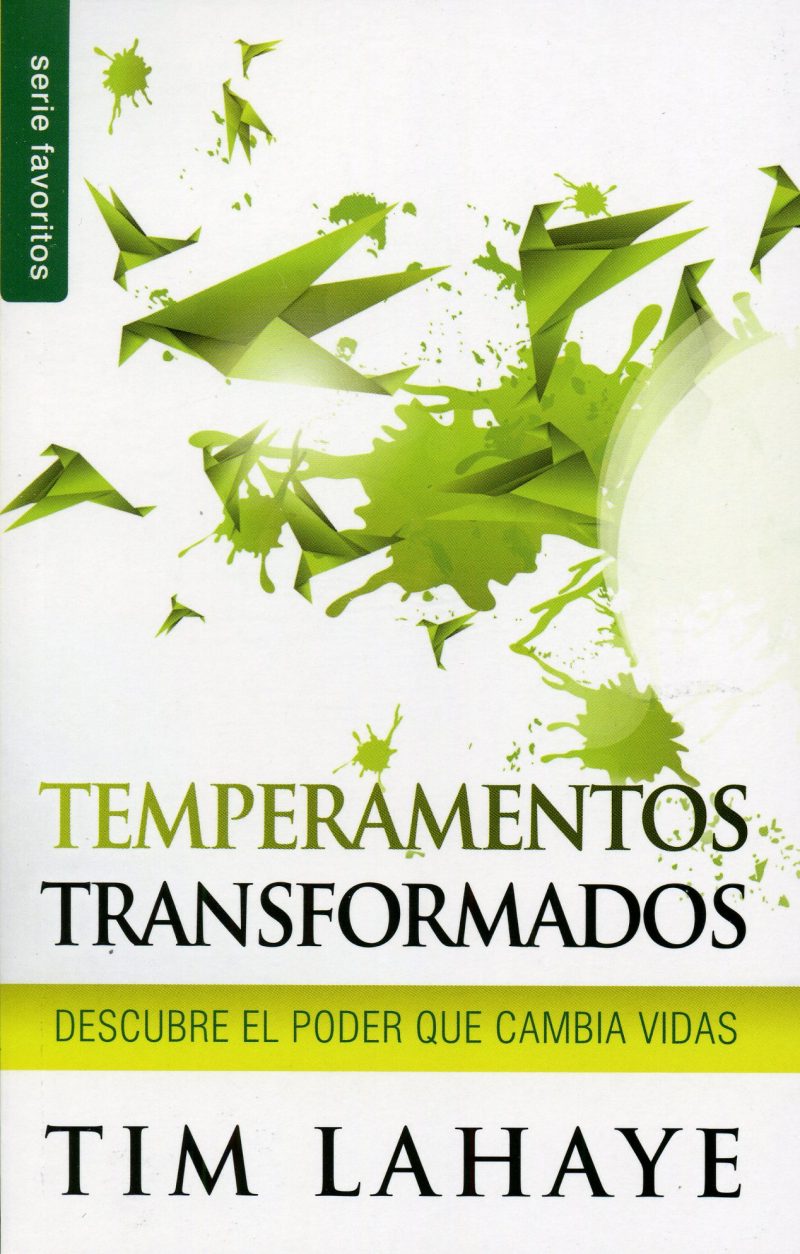 Portada del libro 'Temperamentos Transformados' con diseño gráfico abstracto en tonos verdes, destacando fragmentos de material que simbolizan la transformación. Título en letras grandes y el nombre del autor Tim LaHaye en la parte inferior.