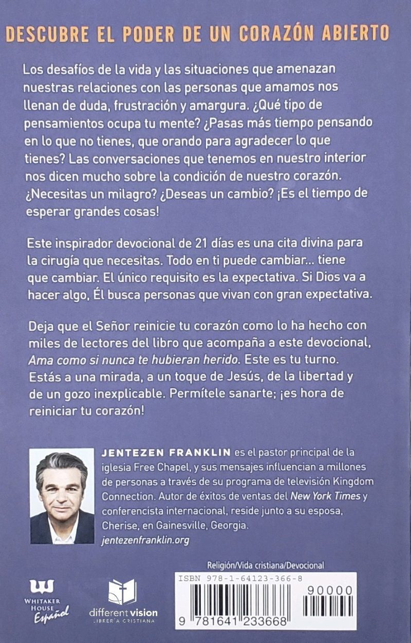 La contraportada de un libro titulado DESCUBRE EL PODER DE UN CORAZÓN ABIERTO con texto motivacional religioso y la foto de un hombre (el autor) en la esquina inferior izquierda.