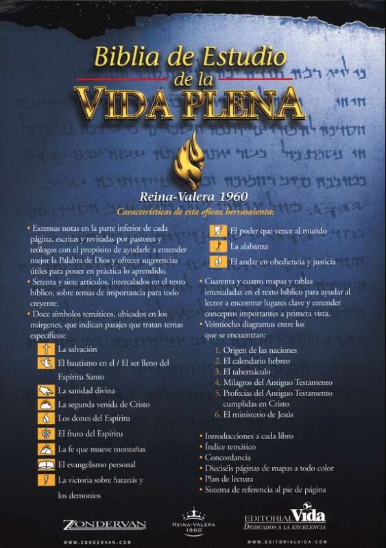 Portada de laBiblia de Estudio de la Vida Plena que muestra características de estudio bíblico en un fondo azul oscuro con una llama en el centro y texto en Español.