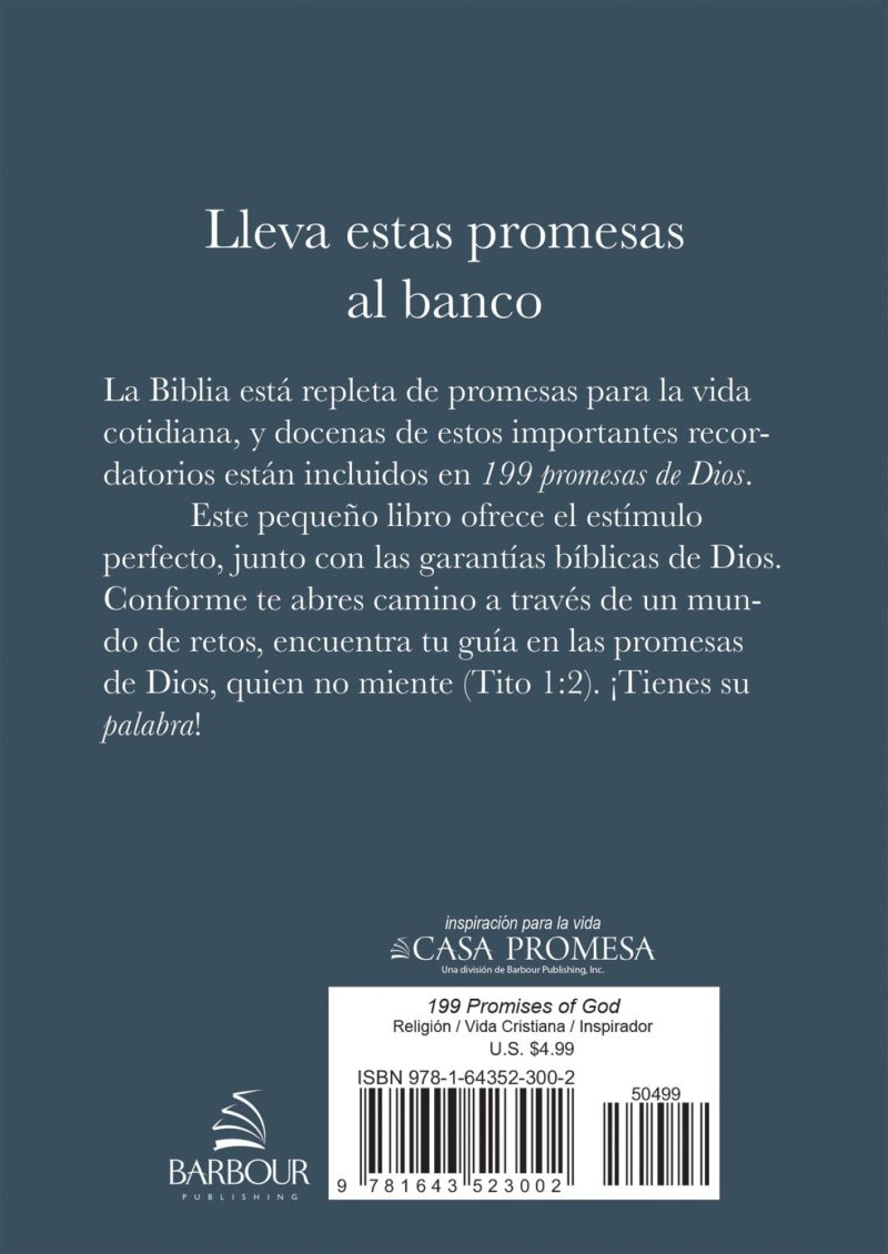 Imagen de la contraportada de un libro titulado '199 Promesas de Dios' publicado por Casa Promesa y Barbour Publishing, mostrando una descripción en español, detalles editoriales, precio y código de barras.