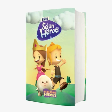 Sé un Héroe" con dos personajes animados y un perro en un paisaje verde.