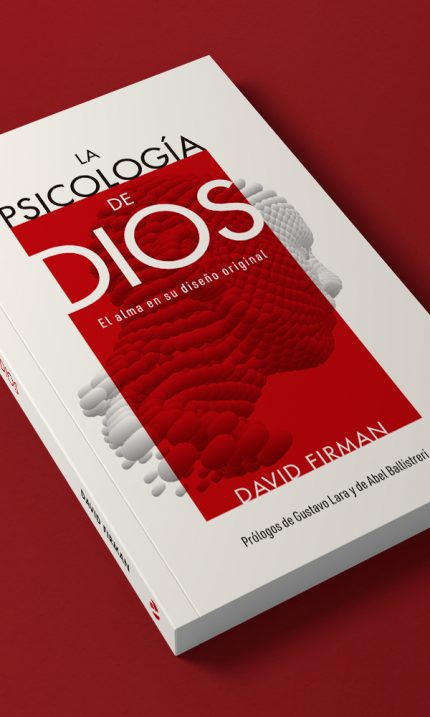 Imagen de un libro con tapa roja y blanca tituladoLA PSICOLOGÍA DE DIOS por David Firman, con el subtítuloEl alma en su diseño original. La portada muestra formas ondulantes abstractas que dan una sensación de profundidad y complejidad.