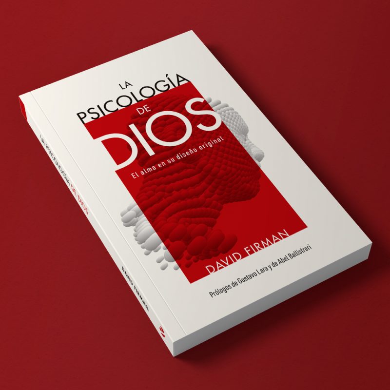 Imagen de un libro con tapa roja y blanca tituladoLA PSICOLOGÍA DE DIOS por David Firman, con el subtítuloEl alma en su diseño original. La portada muestra formas ondulantes abstractas que dan una sensación de profundidad y complejidad.