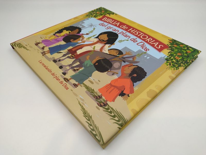 Una fotografía de un libro con la portada ilustrada mostrando a varios niños de diferentes etnias jugando y señalando hacia el cielo, con el título 'BIBLIA de HISTORIAS del gran plan de Dios' y el subtítulo 'La revelación del plan de Dios'.
