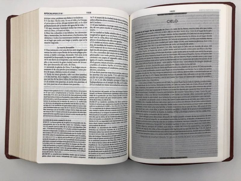 Una Biblia abierta mostrando el texto en español, con las páginas que incluyen los encabezados 'Apocalipsis 216' en la página izquierda y 'Cielo' en la página derecha.