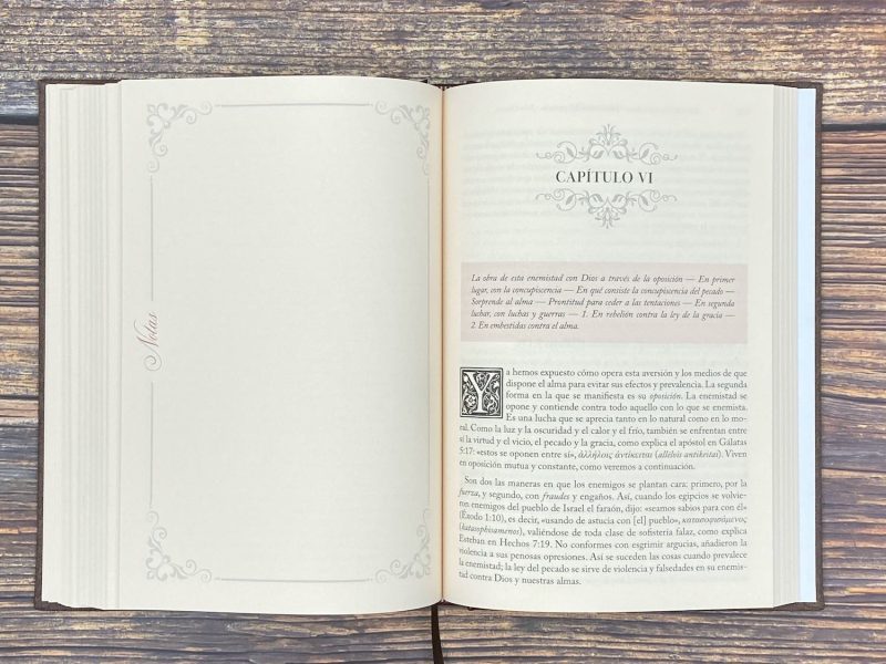 Esta imagen muestra un libro abierto por la mitad en una mesa con un acabado de madera rústica. Se puede ver claramente el inicio de un capítulo titulado 'CAPÍTULO VI', decorado con un diseño ornamentado por encima y por debajo del título. La página de la izquierda está en blanco con excepción de una pequeña decoración en la esquina inferior derecha y la palabra 'Nota' escrita verticalmente a lo largo del margen. La página derecha presenta texto en español, indicando que el libro trata temas filosóficos o teológicos, como se sugiere por palabras y frases como 'la oposición contra Dios', 'guerra', y 'gracia'. El papel y la tipografía sugieren que el libro puede ser una edición especial o de lujo.