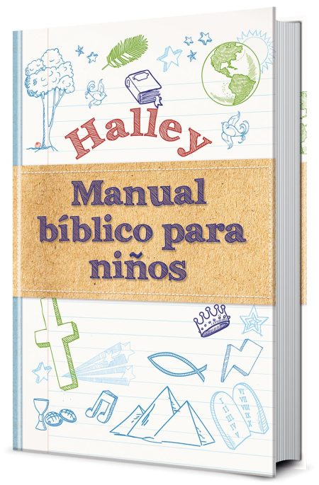 Una ilustración de la portada de un libro tituladoHalley Manual bíblico para niños con dibujos coloridos que incluyen una cruz, la Tierra, estrellas, una paloma, notas musicales y otros iconos cristianos.