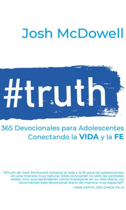 Portada del libro '#truth' de Josh McDowell con un fondo blanco y una gran mancha de pintura azul. El libro promete 365 devocionales para adolescentes enfocados en conectar la vida y la fe.
