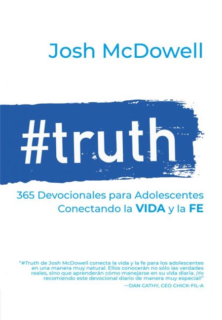 Portada del libro '#truth' de Josh McDowell con un fondo blanco y una gran mancha de pintura azul. El libro promete 365 devocionales para adolescentes enfocados en conectar la vida y la fe.