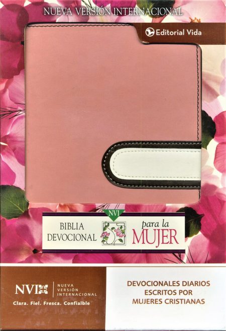  Fotografía de la portada de la Biblia Devocional para la Mujer en la Nueva Versión Internacional (NVI), con flores rosadas en el fondo y la editorial Vida mencionada.