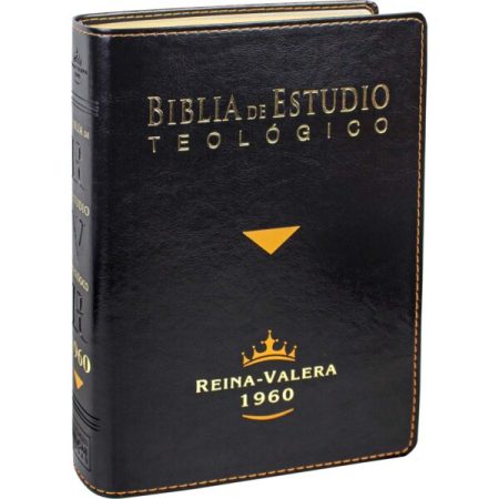 Una Biblia de estudio teológico con tapa de cuero negra, edición Reina-Valera 1960, con letras doradas y un sello de una corona en la portada.