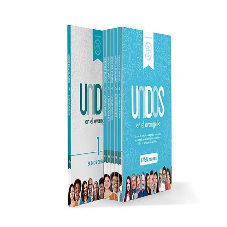Colección de seis libros titulados 'Unidos en el Evangelio', apilados juntos con distintos tonos de azul y detalles decorativos, incluyendo imágenes de diversas personas sonrientes en la portada.