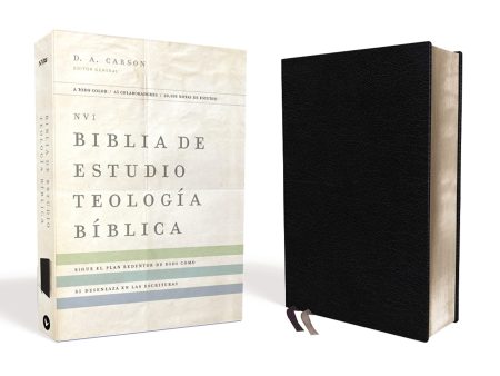 Dos ediciones de una Biblia de estudio presentadas lado a lado, una mostrando la portada con texto y otra mostrando el lomo y las tapas negras texturizadas.