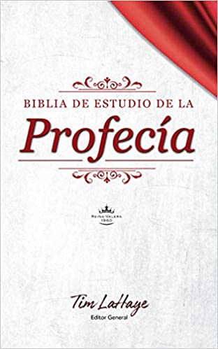 Imagen de la portada del libro 'Biblia de Estudio de la Profecía', con fondo blanco y detalles en rojo, destacando el título y el nombre del editor general, Tim LaHaye.