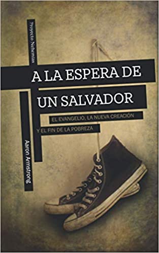 Portada de un libro titulado 'A la espera de un salvador' con la imagen de una zapatilla colgante sobre un fondo texturizado.