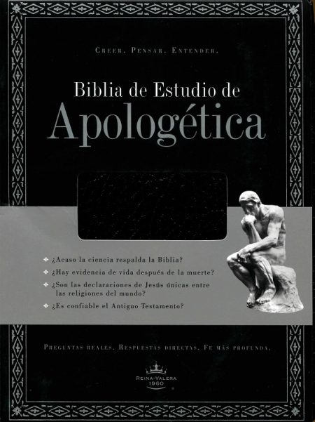Portada de la 'Biblia de Estudio de Apologética' en tonos negros y plateados con preguntas filosóficas y religiosas, junto a la imagen de una escultura de una persona reflexiva, y el logo de Reina-Valera 1960 en la esquina inferior derecha.