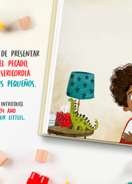 Una madre e hijo ilustrados en un libro, con texto en español e inglés sobre enseñanzas morales, rodeados de juguetes y objetos de habitación infantil.