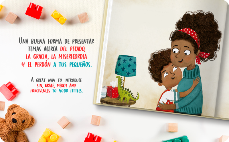 Una madre e hijo ilustrados en un libro, con texto en español e inglés sobre enseñanzas morales, rodeados de juguetes y objetos de habitación infantil.