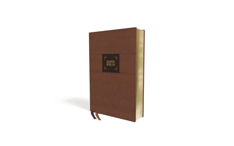Imagen de una Santa Biblia de tapa dura con cubierta en tonos marrones y letras doradas sobre fondo blanco.
