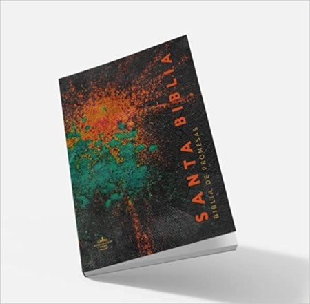 Una Santa Biblia con una cubierta texturizada y colorida apoyada en una superficie, con el título 'SANTA BIBLIA' y el subtítulo 'BIBLIA DE PROMESAS' en el frente.