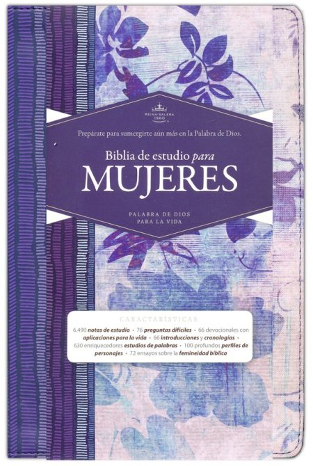** Portada de la "Biblia de Estudio para Mujeres" con diseño floral en tonos morados y azules.