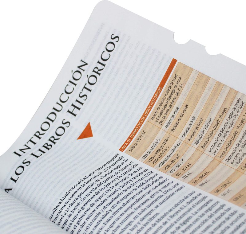 Fotografía en ángulo de una página de libro o texto académico titulado INTRODUCCIÓN A LOS LIBROS HISTÓRICOS, con una tabla cronológica y texto impreso en español.