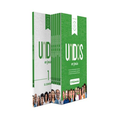 Imagen de una colección de 6 libros titulada 'Unidos en Jesús', con el tomo número 1 'El Comienzo' visible en primer plano. Los libros tienen portadas en tonos de verde con textos y gráficos blancos, y una franja en la parte inferior mostrando a varias personas sonriendo.