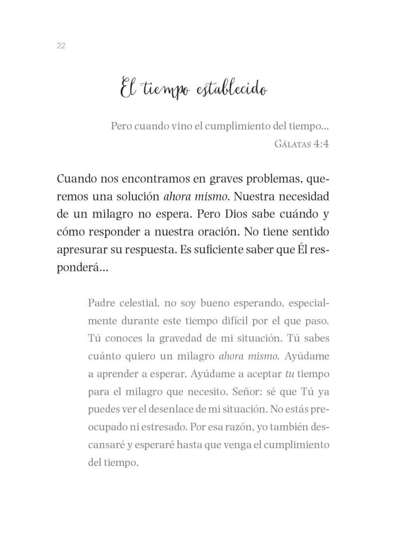 Una página de un libro con el título El tiempo establecido en la parte superior y un texto reflexivo sobre la paciencia y la confianza en el tiempo de Dios, incluyendo un versículo de Gálatas 44 y una oración personal.