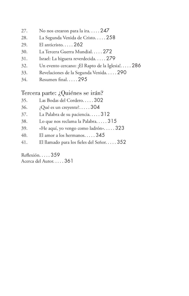 Página de un libro que muestra un índice con temas religiosos y teológicos, incluyendo títulos como 'La Segunda Venida de Cristo', 'El anticristo', y 'Las Bodas del Cordero' con números de página correspondientes.