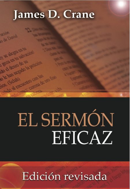 Portada de libro 'El Sermonario Eficaz' de James D. Crane mostrando un primer plano de páginas abiertas de un libro con texto borroso en segundo plano y el título en letra grande y negra en la parte inferior.