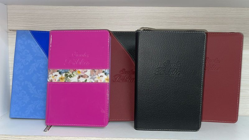 Una serie de cinco Biblias con encuadernaciones de cuero en colores variados que incluyen azul, fucsia, marrón oscuro, negro y rojo, apoyadas en una repisa de madera clara.