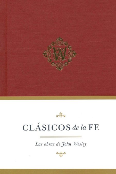 Portada de un libro con el título 'CLÁSICOS de la FE' sobre un fondo de dos tonos, la parte superior es roja con una decoración dorada y las iniciales 'JW' en el centro, y la inferior es de color crema con una franja dorada en la frontera.