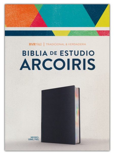 Imagen promocional de la Biblia de Estudio Arcoíris versión RVR1960, mostrando el libro con tapa negra en imitación piel sobre un fondo con un diseño gráfico de colores vibrantes en la parte superior.
