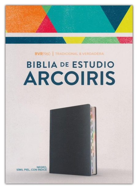 Imagen de la portada de la Biblia de Estudio Arcoíris con el texto 'RVR1960 | TRADICIONAL & VERDADERA' sobre un fondo colorido de estilo geométrico en la parte superior y un libro negro con canto de páginas coloreadas en la parte inferior.