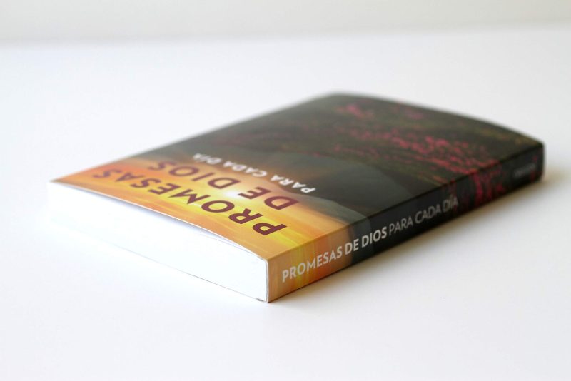 Un libro con el título 'Promesas de Dios para cada día' apoyado en una superficie blanca.