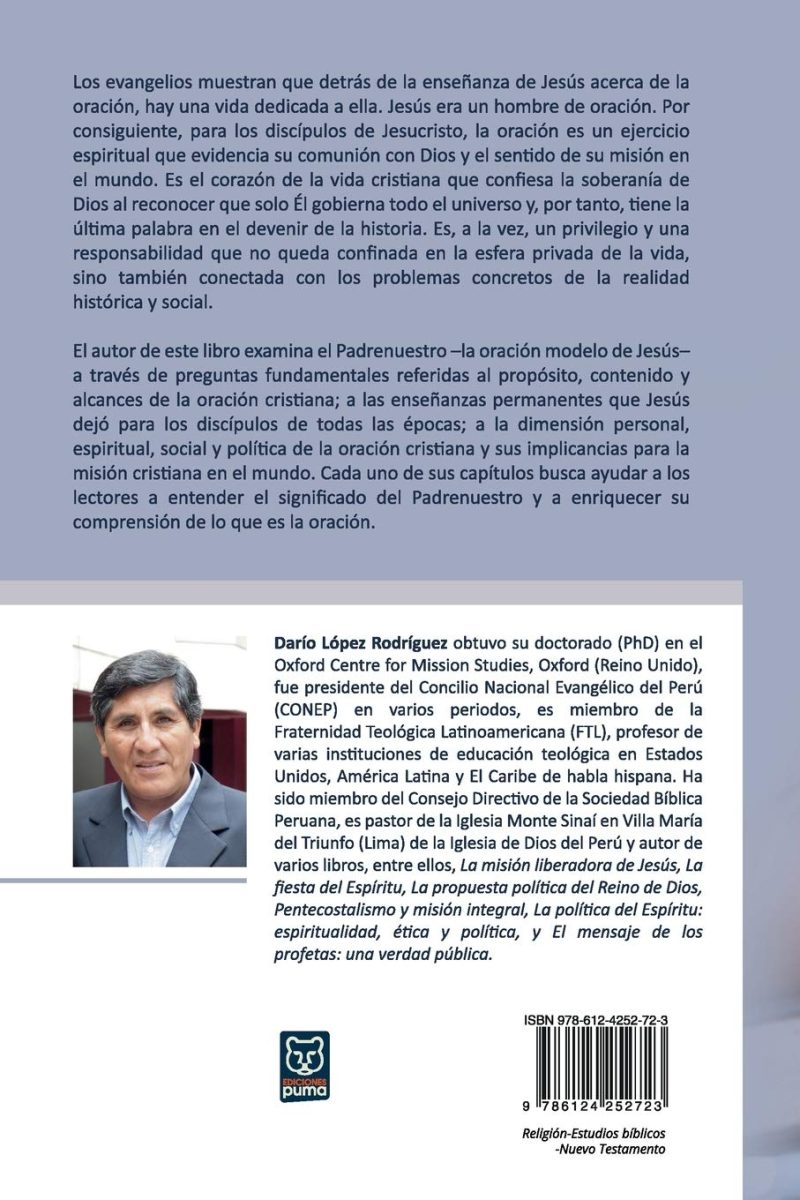 Portada trasera de un libro sobre la oración cristiana con texto descriptivo y una fotografía del autor, Darío López Rodríguez.