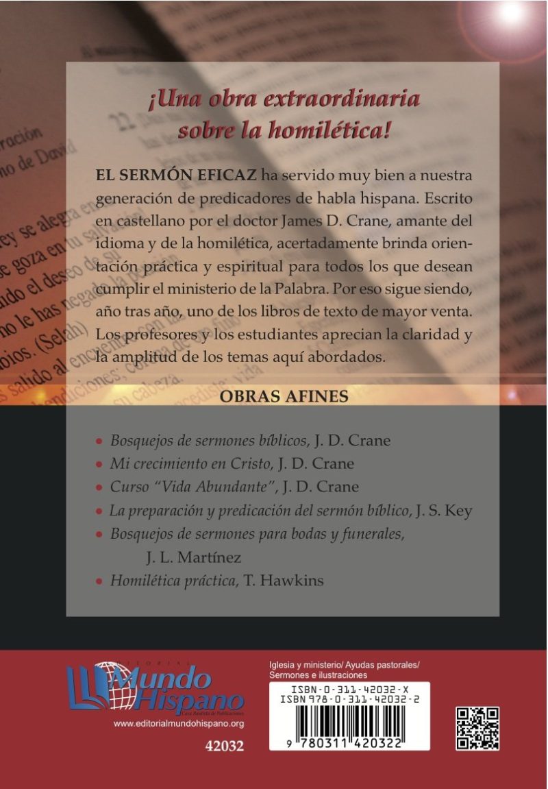 Portada de libro titulado con énfasis '¡Una obra extraordinaria sobre la homilética!' listando títulos de obras relacionadas como 'Bosquejos de sermones bíblicos' de J.D. Crane entre otros, con un enfoque en 'El Sermón Eficaz' y un código de barras para ISBN en la parte inferior.