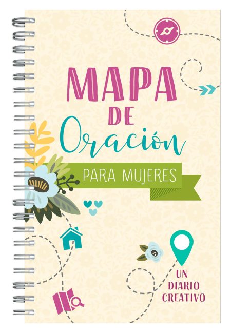 Portada de un diario espiral llamado 'Mapa de Oración para Mujeres' con diseño floral y elementos gráficos como una casa, un libro con lupa y un globo de ubicación. El fondo es de color beige con un patrón sutil y la tipografía es colorida y amigable.