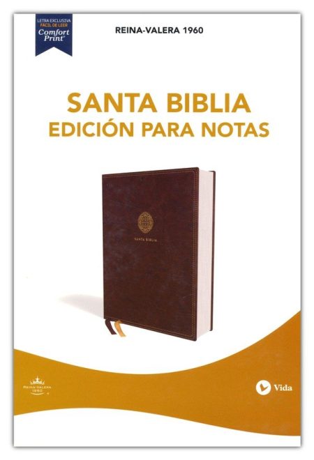 Portada de una Biblia marrón titulada 'Santa Biblia Edición para Notas' de la versión Reina-Valera 1960, con un sello dorado en el centro y una cinta marcadora. Presentada sobre un fondo con diseño ondulado en tonos de amarillo y naranja.