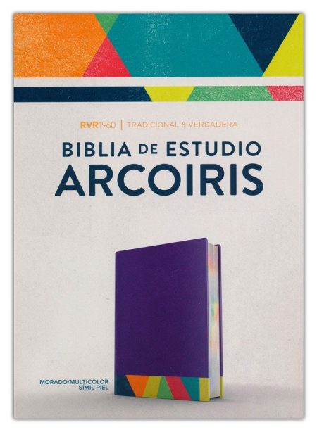 Portada de la Biblia de Estudio Arcoíris con colores vivos y diseño geométrico en la parte inferior, sobre un fondo blanco.