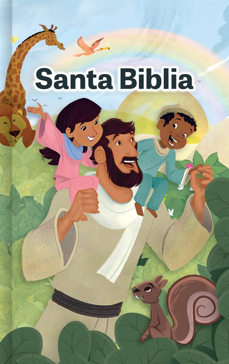 Ilustración colorida que muestra a dos niños y un hombre sonriente rodeados de animales y vegetación bajo un arcoíris, con el texto Santa Biblia en la parte superior.