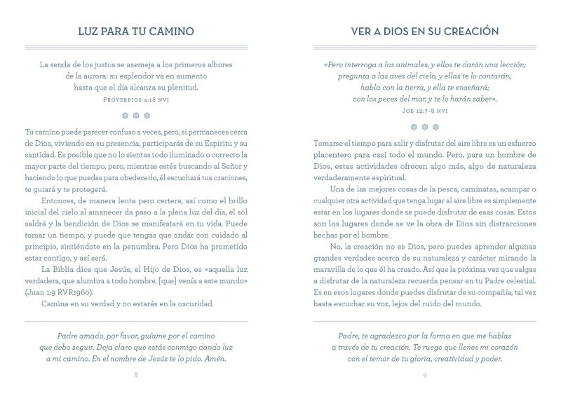 Imagen de dos páginas de un libro con temas espirituales tituladosLUZ PARA TU CAMINO yVER A DIOS EN SU CREACIÓN, ambos con citas bíblicas y reflexiones sobre la relación con Dios y la naturaleza de su creación.