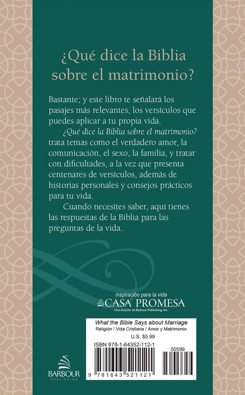 Portada del libro ¿Qué dice la Biblia sobre el matrimonio? presentando un diseño con patrones geométricos en tonos verdes y beiges. Incluye el logo de Casa Promesa y Barbour Publishing, detalles de categoría, precio e ISBN.